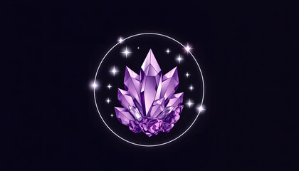 Magic amethyst crystals in circle isolated with white highlights, png