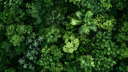 Top view of a lush green tropical rainforest canopy. The dense vegetation is made up of a variety of trees, plants, and ferns.
