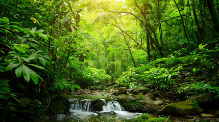 Obraz premium lush green foliage and a small waterfall in the middle