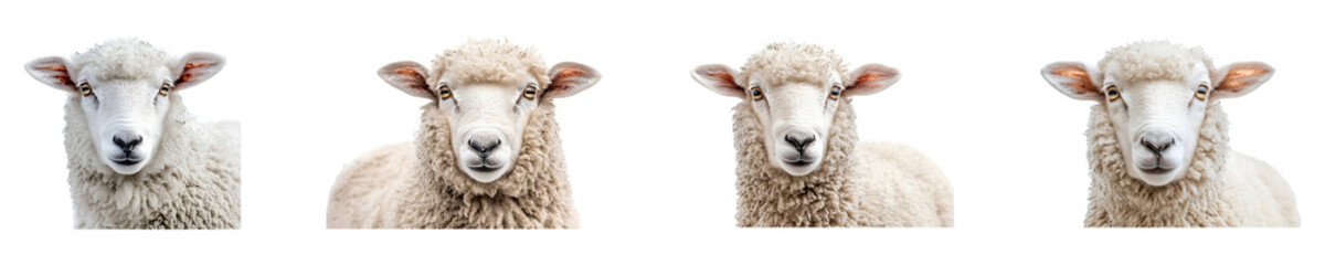 Fototapeta premium Set, collection of Sheep portrait isolated on transparent background.