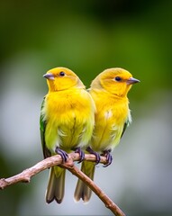 Fototapeta premium Two birds are sitting on a branch one has a yellow and green