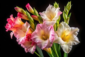 Fototapeta premium Macro detail of pink white yellow gladiolus flower isolated on black