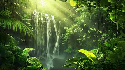 Fototapeta premium lush green foliage surrounds a misty waterfall in the heart of the jungle.