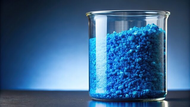 Macro image of heavy insoluble particles of blue copper silicate in a beaker