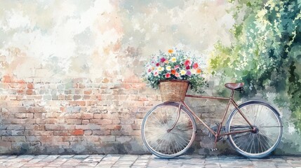 Fototapeta premium A vintage bicycle adorned with a basket of flowers against a textured brick wall.