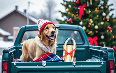 A cute golden retriever sits in the back of a pickup truck with Christmas decorations, garlands and gifts for family members. The New Year's composition, greeting card, is opened on Christmas.