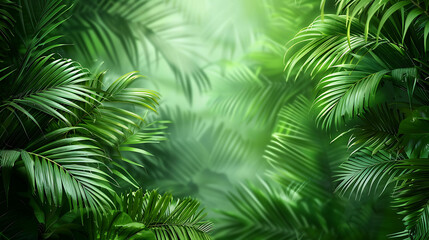 Lush green foliage of a tropical jungle with exotic palm leaves. Vibrant colors of nature.