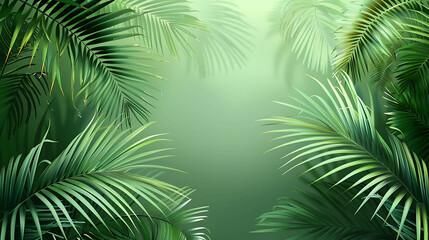 The image is a green palm leaf background. The palm leaves are rendered in a realistic style and have a soft, textured look.