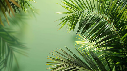 Obraz premium Green palm leaves on a green background. The leaves are on the left side of the image, with a blurred green background on the right.