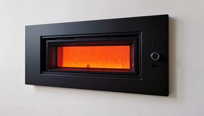 Fototapeta premium Sleek wall-mounted electric heater with a glowing flame effect in a modern setting