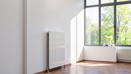 Fototapeta premium Bright room with large windows, featuring a modern white radiator and natural light