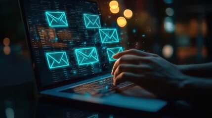 A person's hands are typing on a laptop keyboard with glowing email icons emerging from the screen.