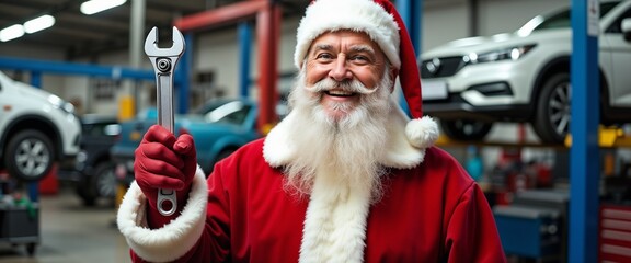 Santa Claus dressed as a mechanic, holding a large wrench in a bustling car repair workshop. The...