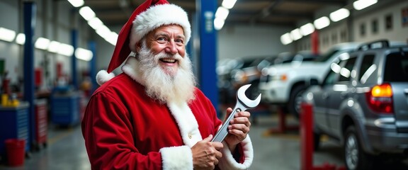 Santa Claus dressed as a mechanic, holding a large wrench in a bustling car repair workshop. The festive yet professional vibe highlights a blend of holiday cheer and skilled craftsmanship.

