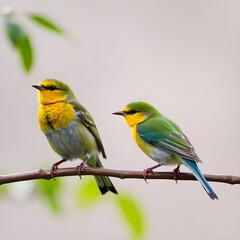 Two birds are sitting on a branch one has a yellow and green
