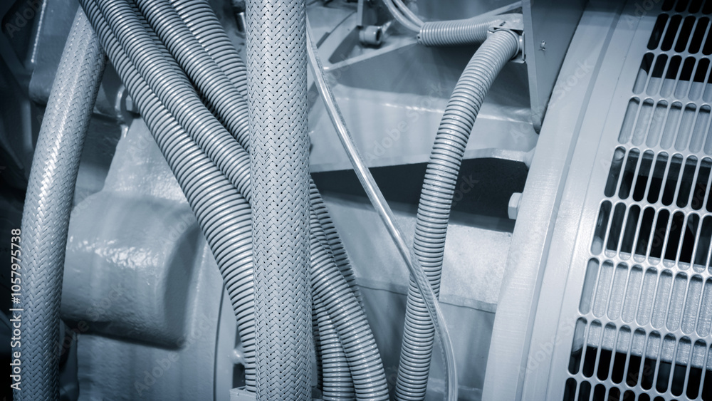 Poster A close up of a machine with many wires and tubes. The wires are white and the tubes are grey. Concept of complexity and intricacy, as well as the importance of the machine and its components