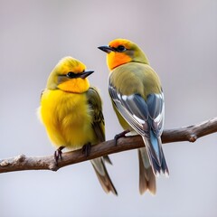 Fototapeta premium Two birds are sitting on a branch one has a yellow and green