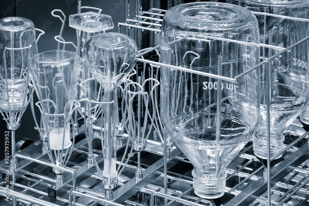 Poster a rack of glassware is being washed in a dishwasher. the glassware includes a variety of bottles and