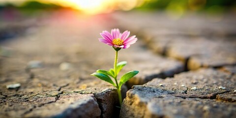 Macro resilient flower growing out of crack in ground