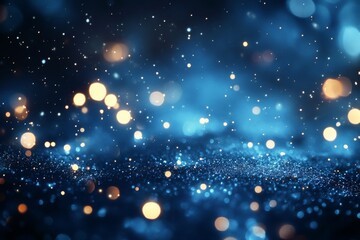 Fototapeta premium A beautiful display of shimmering blue particles illuminated by soft golden lights at night