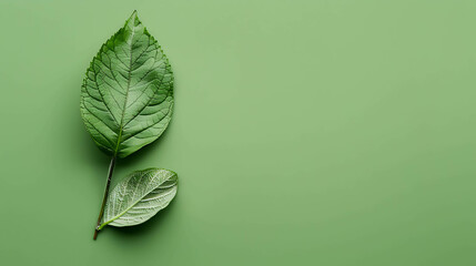 Two green leaves with different shades on a green background.
