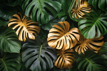 Obraz premium Lush tropical leaves arranged on a gleaming gold background for decorative purposes
