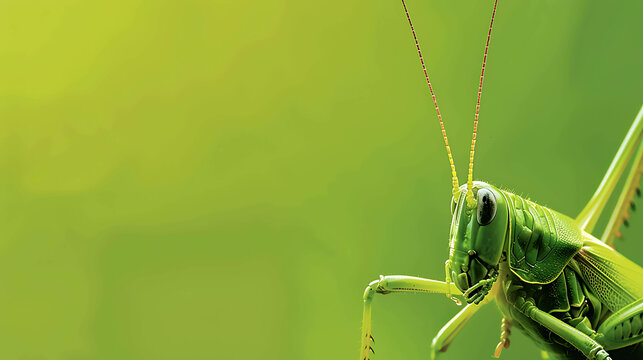 A green grasshopper sits on a green leaf, its antennae are long and thin, its eyes are black and shiny, and its wings are folded closed.