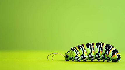 Naklejka premium A green caterpillar with black and yellow stripes is crawling on a green leaf. The caterpillar is in focus and the background is blurred.