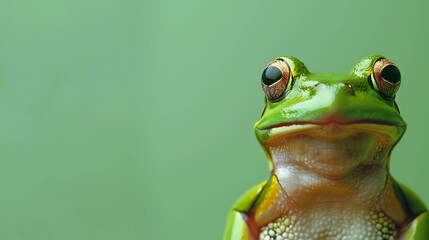 Fototapeta premium A cute green frog is sitting on a leaf. The frog is looking at the camera with its big, round eyes. The frog's skin is smooth and shiny.