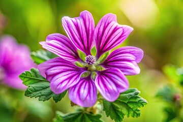 Obraz premium Macro shot of a Malva sylvestris purple flower, a medicinal plant, with leading lines