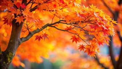 Macro shot of an orange red maple tree crown with colorful autumn leaves in selective focus