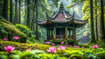 Obraz premium Macro shot of ancient metal temple surrounded by forest elements and nature with flower background