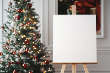 Blank canvas mock up welcome signboard on a wooden easel in a room with Christmas tree