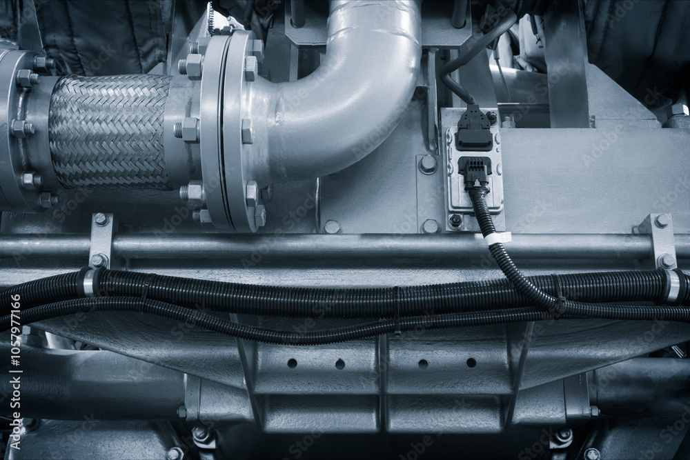 Poster (несколькlarge piston gas engine electric generator with many valves and pipes. the engine is orange