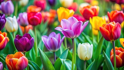 Obraz premium Macro shot of multicolored tulips in a flowerbed surrounded by green leaves