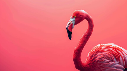 Fototapeta premium A beautiful flamingo with pink feathers and a yellow beak stands in a pink background. The flamingo is looking to the left of the frame.