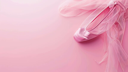 Delicate pink ballet slipper and tutu on a pink background.