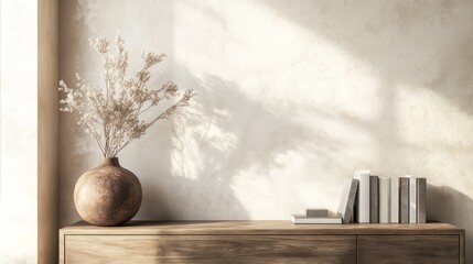 Minimalist Interior Design with Decorative Vase and Bookshelf
