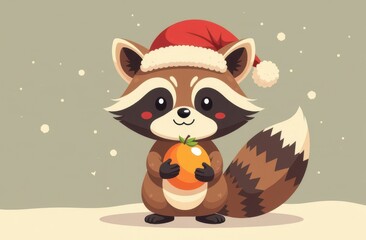 Obraz premium Illustration of cute raccoon in christmas hat holding an orange on winter background. Christmas and new year card concept