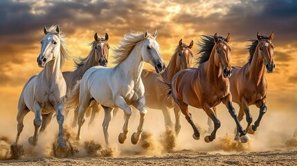 A herd of six horses running across a dusty field at sunset.