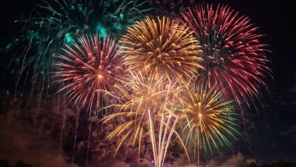 Obraz premium Fireworks celebrates anniversary with new year 2025, 4th of July holiday festival. fireworks night celebrates national holiday. fireworks, Countdown to New Year's Eve 2025 festival.
