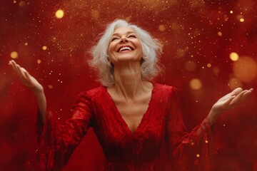 Naklejka premium An elderly woman in a red dress joyfully spreads her arms against a sparkling background