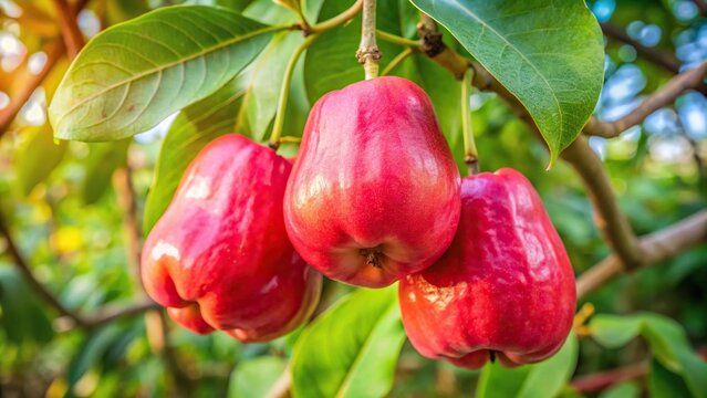 Macro shot of wax apple, ava apple, and rose apple on tree branch