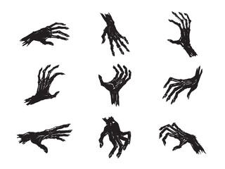 Halloween set of 9 different scary hand-drawn black silhouettes of hands of zombies and the living dead