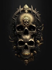 A dark and mysterious black and gold skull logo