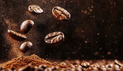 A close-up of coffee beans in mid-air above a mound of ground coffee, capturing the essence and texture of fresh coffee.