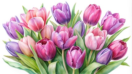 Obraz premium Macro watercolor painting of pink and purple tulips with green leaves showcasing delicate blooms in a charming floral arrangement
