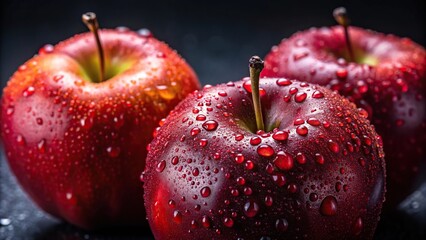 Macro wet juicy fresh red apples water drops dark background selective focus