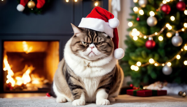 A grumpy fat cat wearing a Christmas hat sits by a cozy fireplace with holiday decorations, capturing the festive but unamused spirit of the season