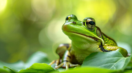 A green frog sits on a leaf. The frog is looking at the camera. The frog is in focus and the background is blurred.